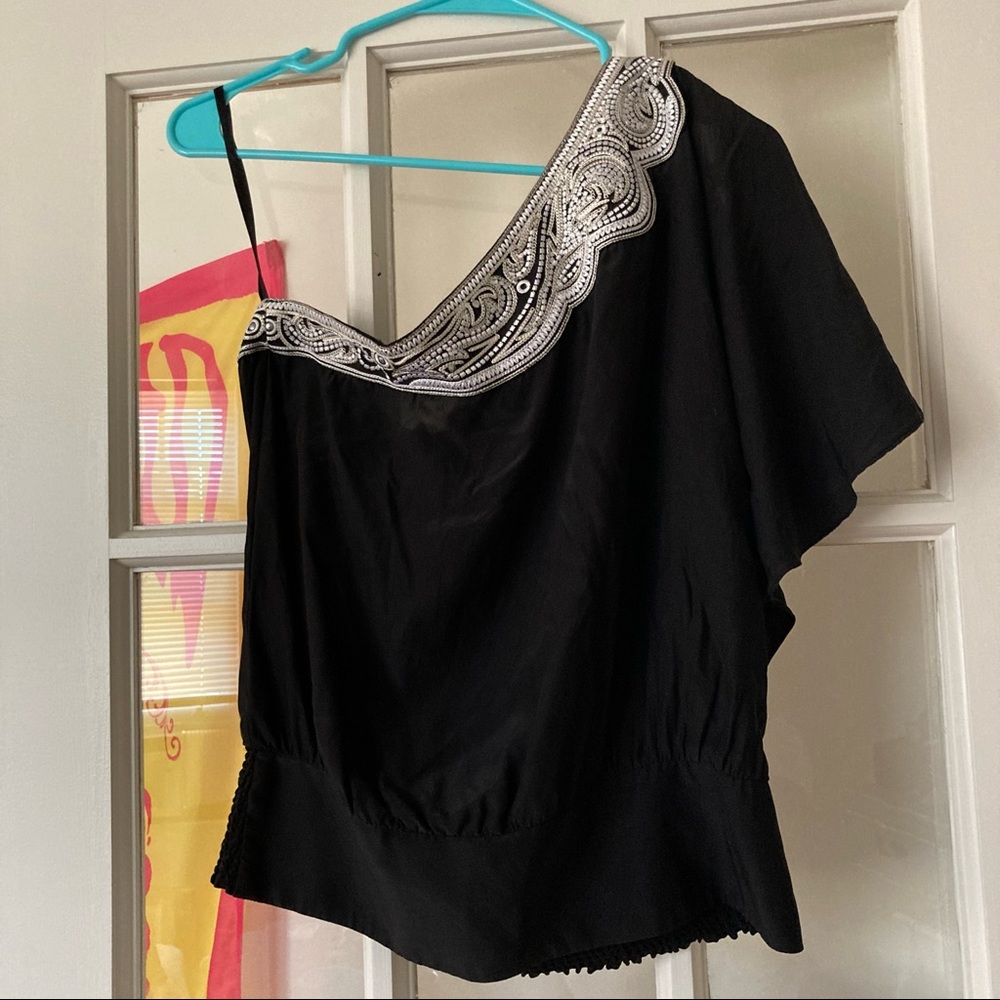 WHBM one shoulder black silk top with white beading